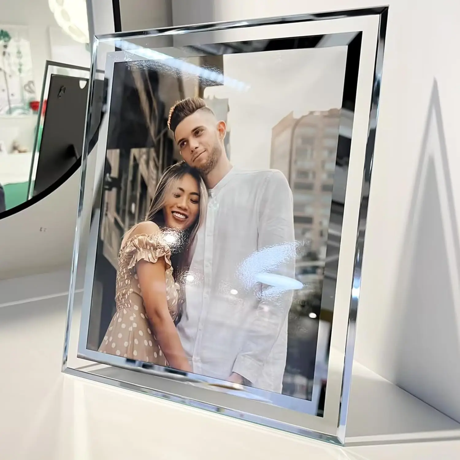 Wholesale Black Wooden L-Shaped Base Photo Frame Double Sided Glass Display 5-7 Inch Pictures Vertical Horizontal Orientation