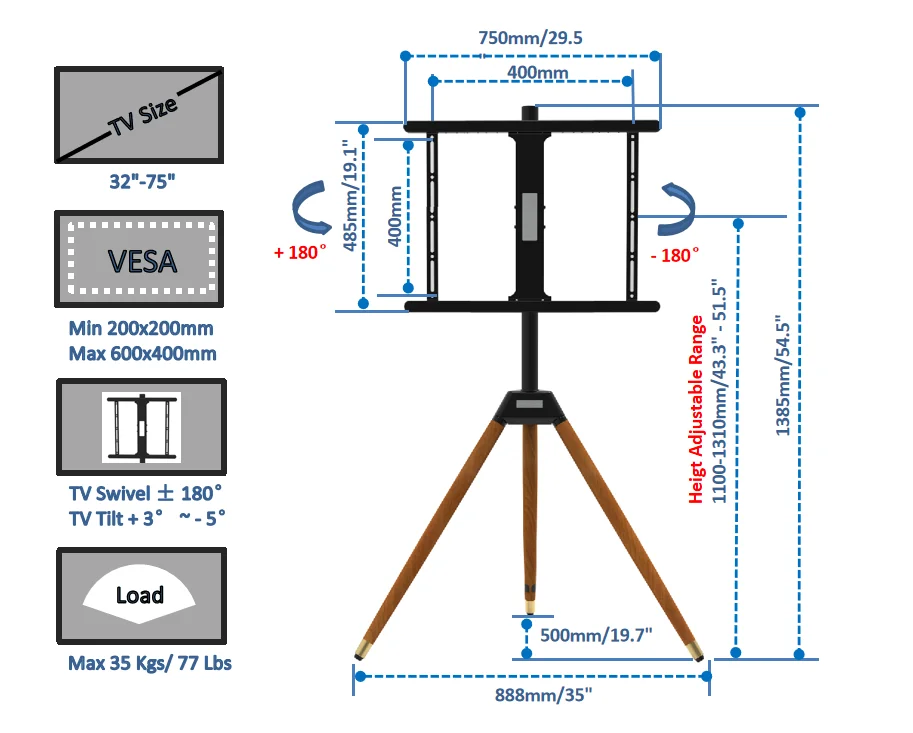 32 inch - 75 inch large wall wood tv floor stand modern furniture portable metal tv stand with mount vesa 600x400mm stand for tv