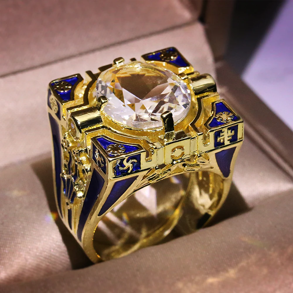 
Enamel Striped Blue Raw Charm Inlaid White Zircon Square Brass Gold Plated Ring 