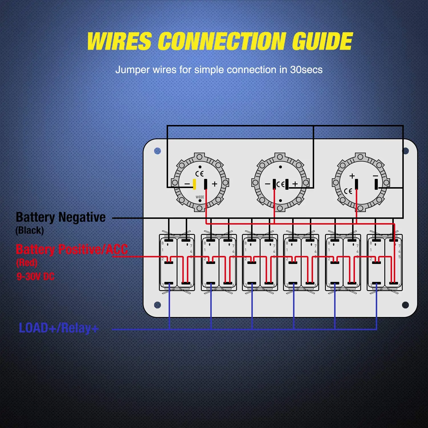6 Gang Laser LED Light Bar Rocker Switch Panel With Cigarette Lighter and Dual USB and Voltmeter for 12V/24V Cars