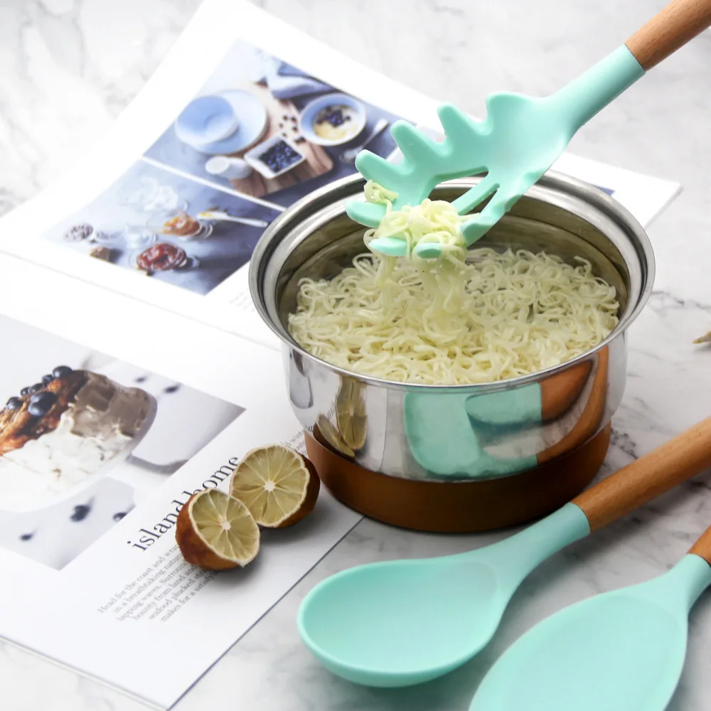 Non Toxic 12 pcs Cooking Tools Kitchenware Cocina Spatula Silicone Kitchen Utensils Set With Wooden Handles