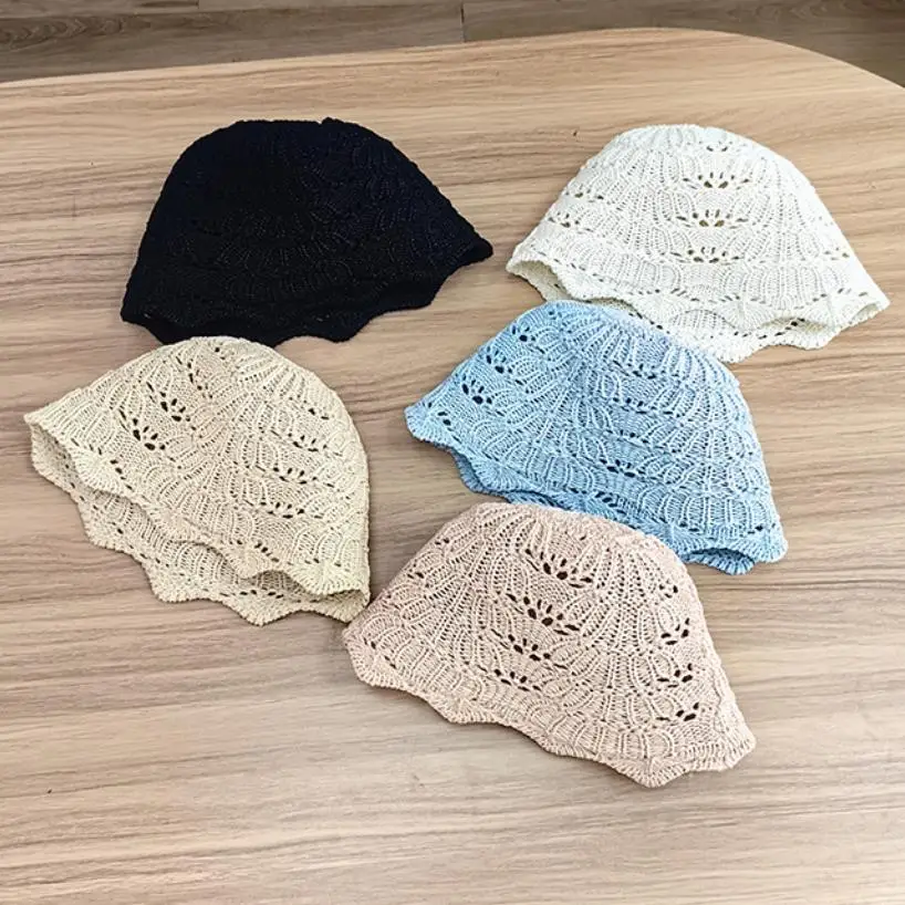 2024 Korean Fashion Summer New Solid Hollow Out Stripes Textured Woven Crochet Knitting Paper Straw Sun Beach Bucket Hat Ladies