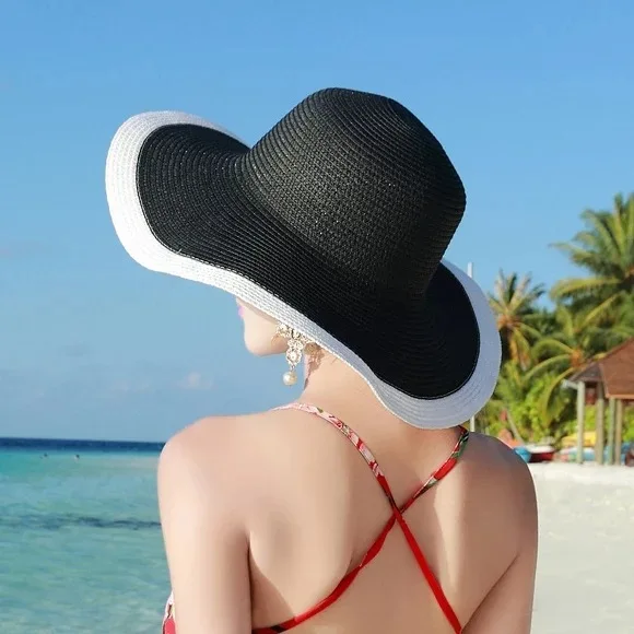 Summer Large Wide Brim Straw Hats For Women Beach Hat Foldable Travel Lady UV Protection Sun Shade Hat