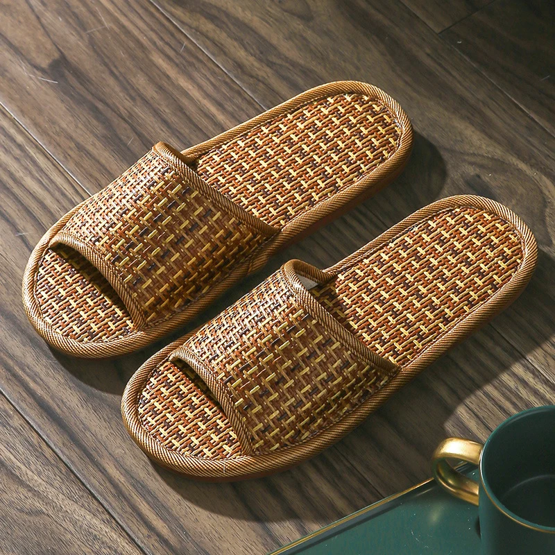 Cheap Summer Household Bamboo Rattan Slippers Unisex Hotel Bathroom Anti-Skid Weave Straw Braided Slides
