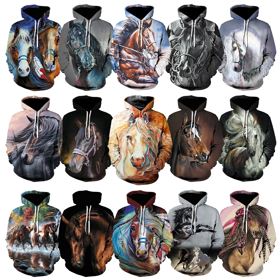 Hot Customization Printed Hoody Animal 3D Horse Printing Hoodies Men Casual Oversized Pullover Sweater Customise Team Sport Wear