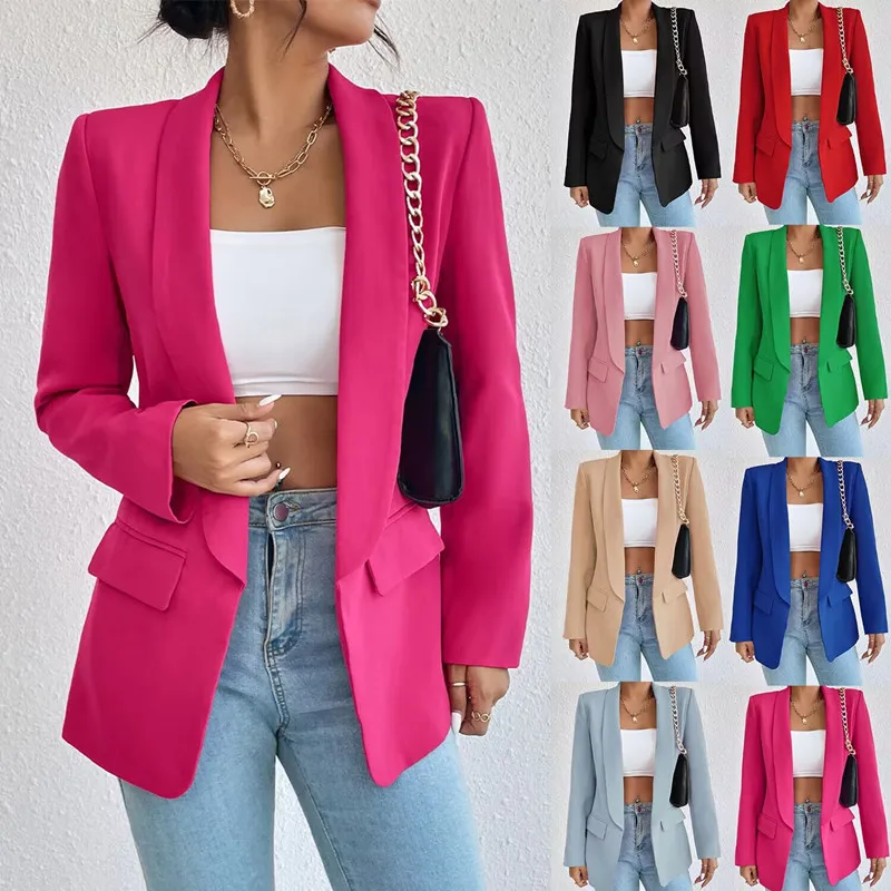 Spring Autumn Women Fashion Blazer Top Lapel Collar Open Stitch Suit Top New Lady Solid Slim Casual Coat