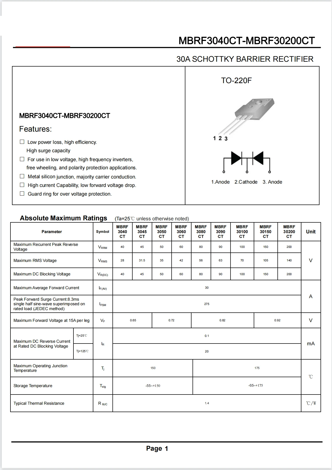 New field production MBRF30150CT package TO-220 through-hole plug-in, Schottky rectifier diode