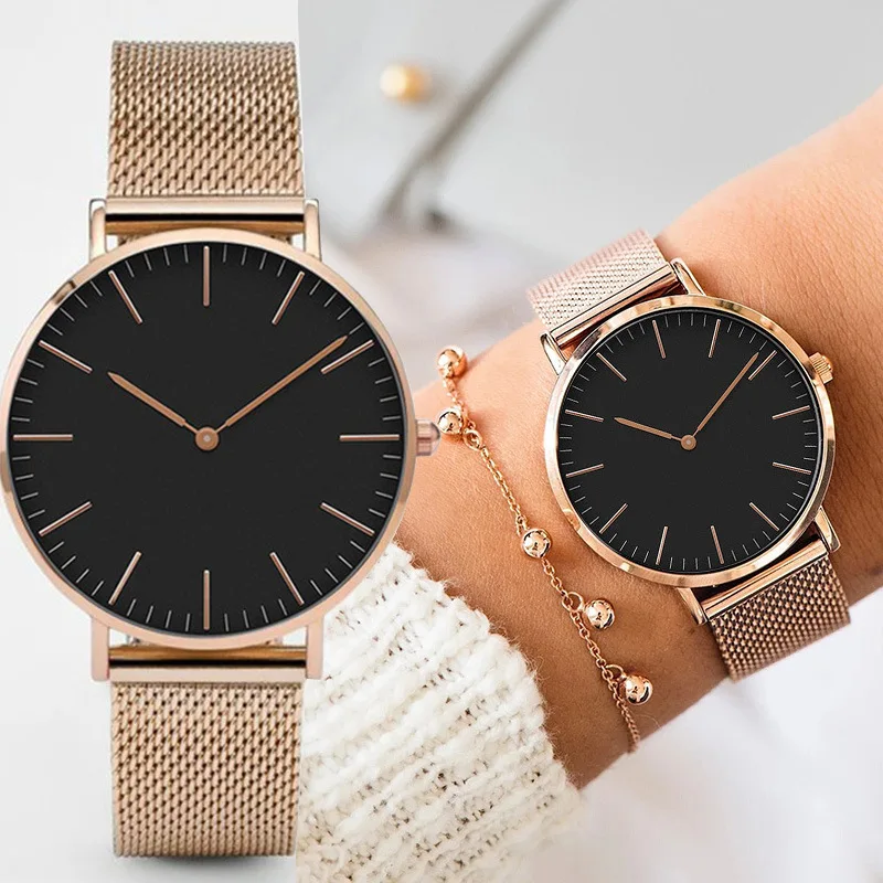Classic Minimalist Women Watch dial Mesh Stainless Steel Band  Simpler Black Watch Clock Cheap Watches Quartz Movement Geneva