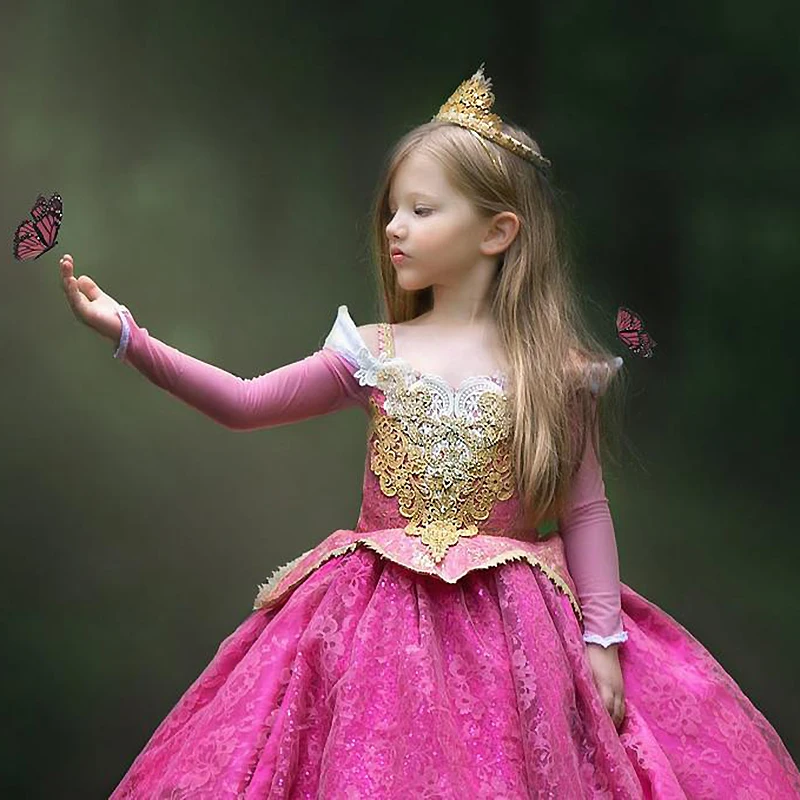 New  Girls  Aurora Princess Costume Long Sleeve Sleeping Beauty Birthday Party Gown Children Fancy Dress For Girls