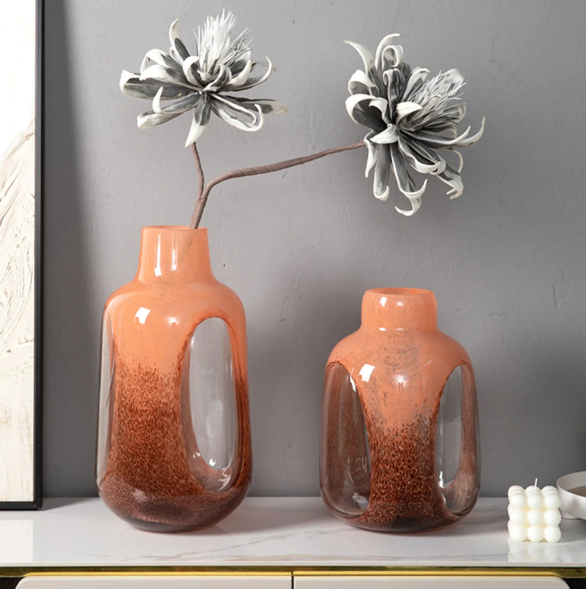 Double color art ornaments transparent amber glass vase ornaments home model room desktop flower arrangement heavy flower vase
