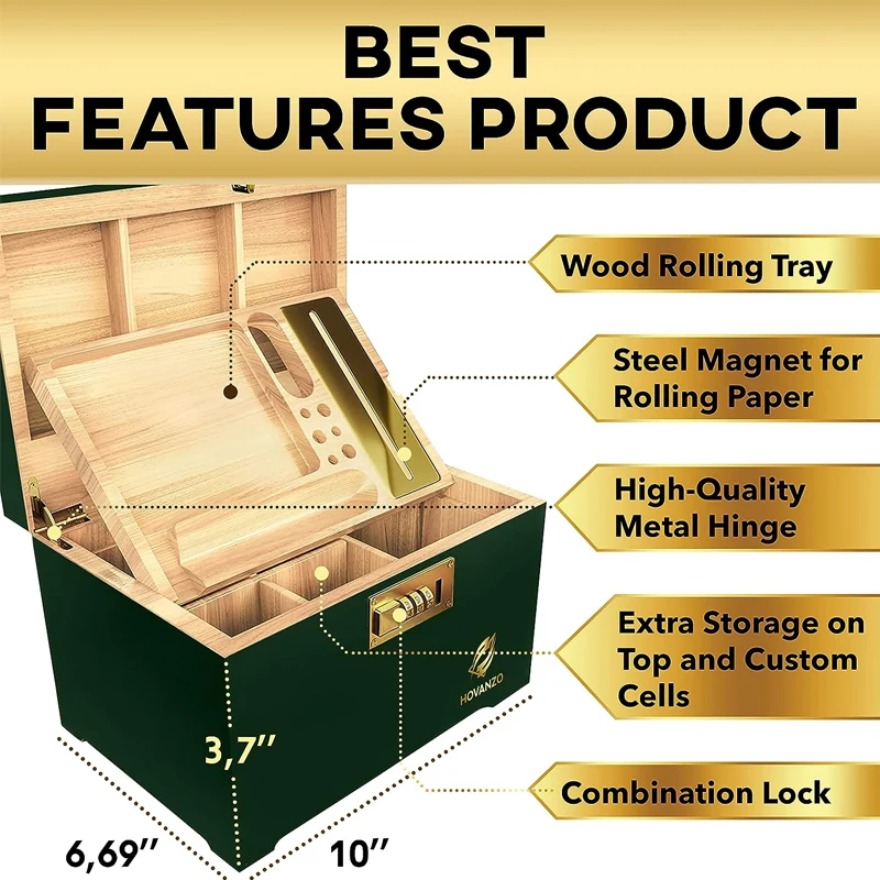 Smell Proof Locking Storage Container without Rolling Tray Wood Box for Herbs and Accessories Large Stash Box Storage Box Wooden