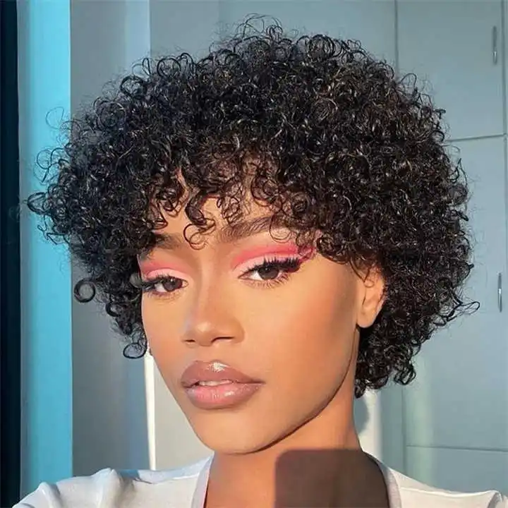 No Lace Pixie Cut Curly Human Hair Wigs With Bangs Full Machine Made Glueless Short Curly Wigs Human Hair For Black Women