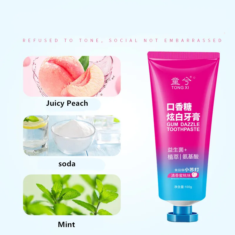 customized High quality 100g Fragrant peach flavor clean tooth stains breath gum toothpaste