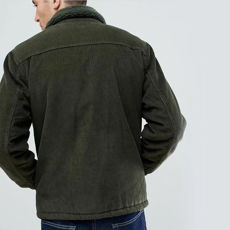 High quality Mens Dark Green Borg man made fur Denim  fur lined Heated Winter Denim Jacket Corduroy Jeans Trucker Jacket for Men