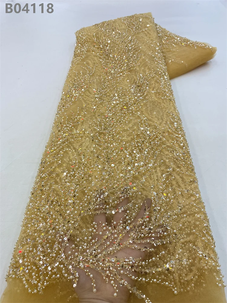 Factory Price Luxury White Lace Fabric Embroidery Sequence Beaded Embroidered Wedding Lace Fabric For Dress