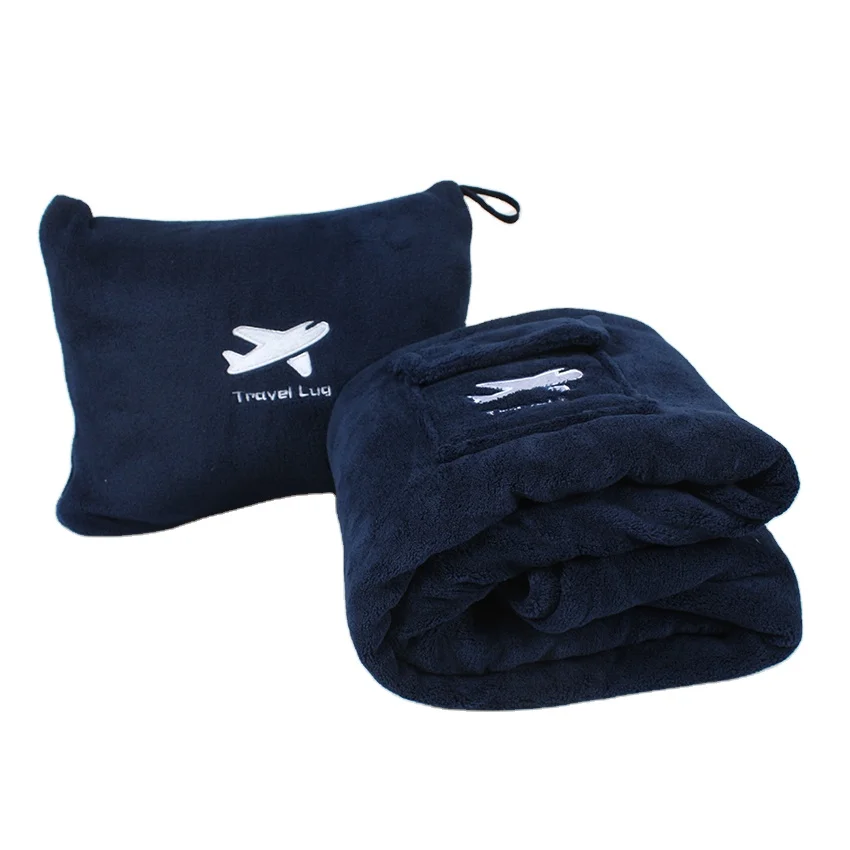 Embroidery custom logo travel soft flannel fleece travel blanket 2 in 1 pillow set airplane set