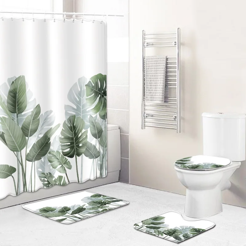 Hot selling factory wholesale green leaf waterproof shower curtain90g/Flat toilet carpet floor mat cross-border