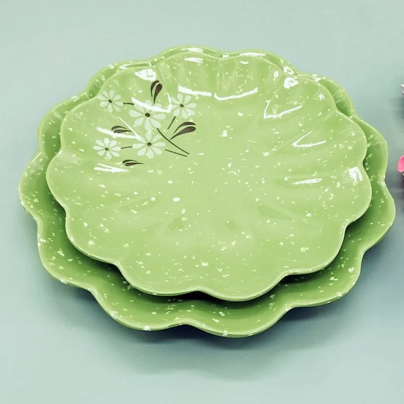 Custom Classic Design Round Plastic Plate Durable 9 Inch Green Flower Shape Reusable Melamine Plates