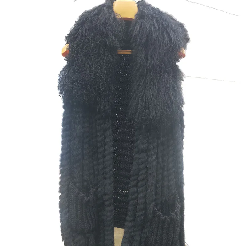 Real Rabbit Fur Vest With Mongolia Sheep Collat Women Long Elastic Knitted Fur Gilet Ladies Spring 2024 Fashion Vests
