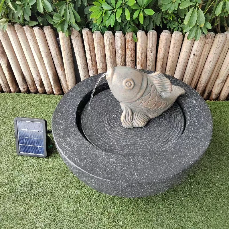 Fish Statue Fiber Stone Solar Water Fountain with Led Light for Outdoor Garden Decoration