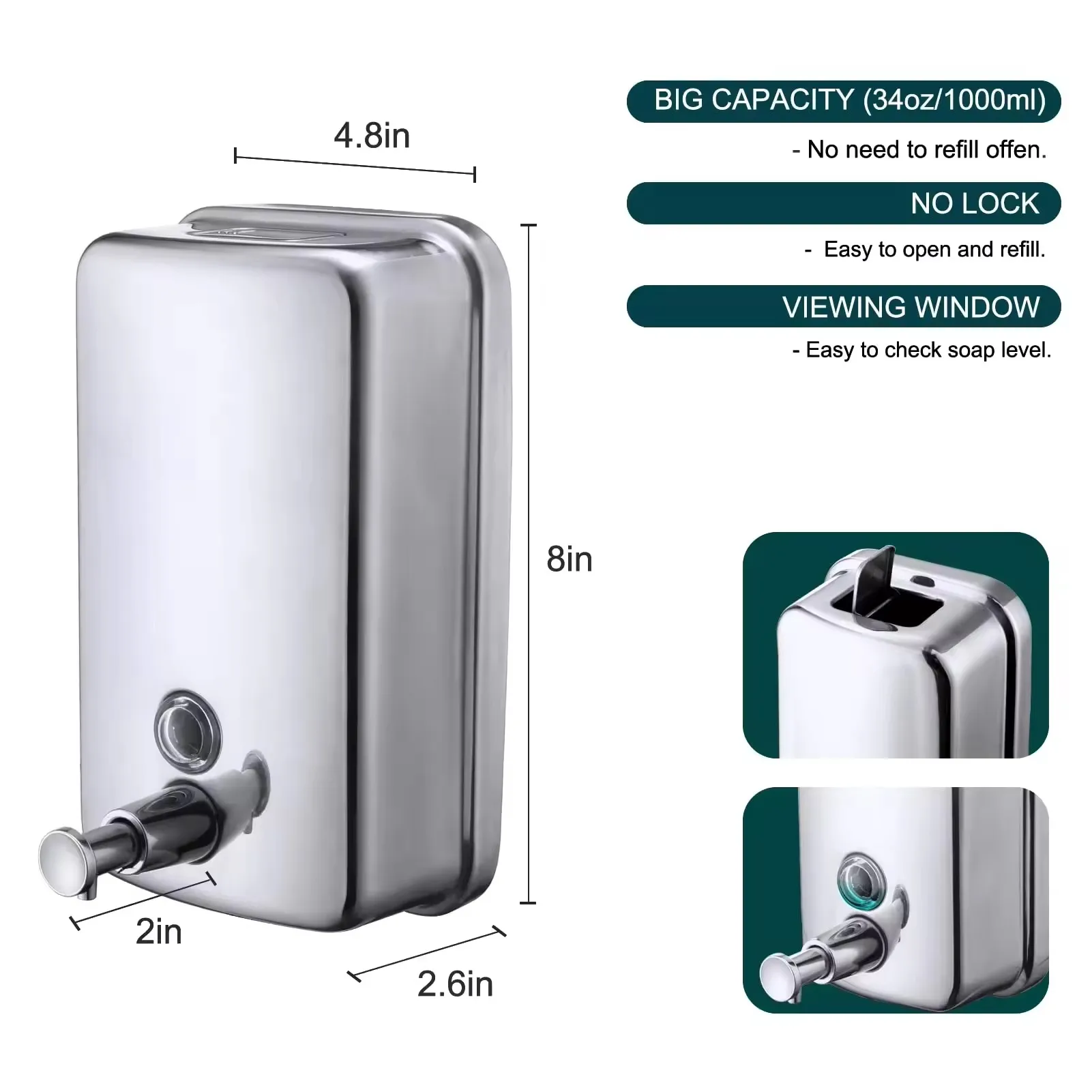 Bathroom leak proof liquid pump wall mounted stainless steel commercial soap dispenser