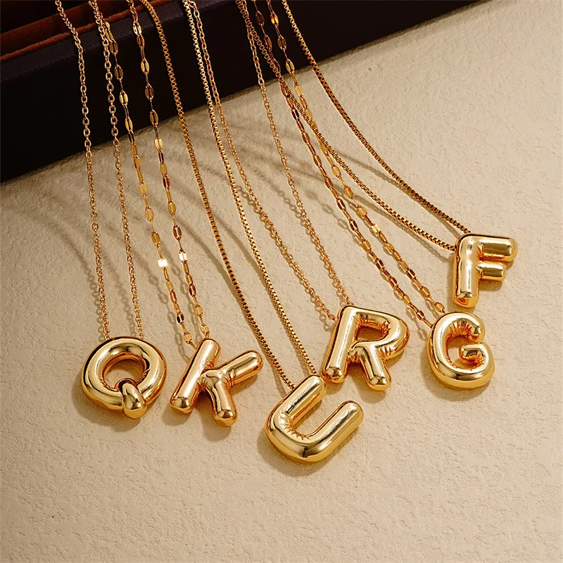 Brass Jewelry 18K Gold Plated Necklace A to Z 26 Alphabet Bubble Balloon Initial Letter Necklace