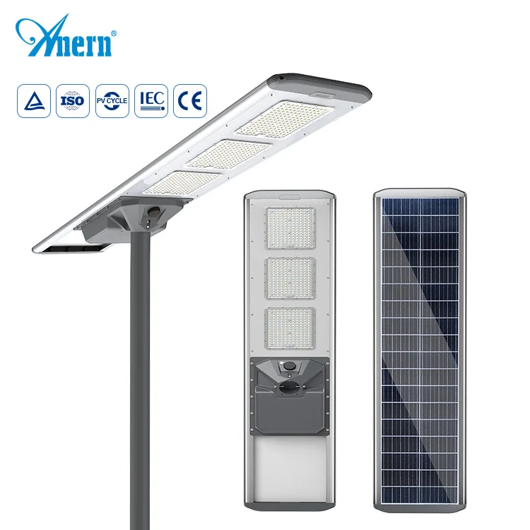 Anern 100w 150w 200w 300w integrated led solar street lights with cctv camera
