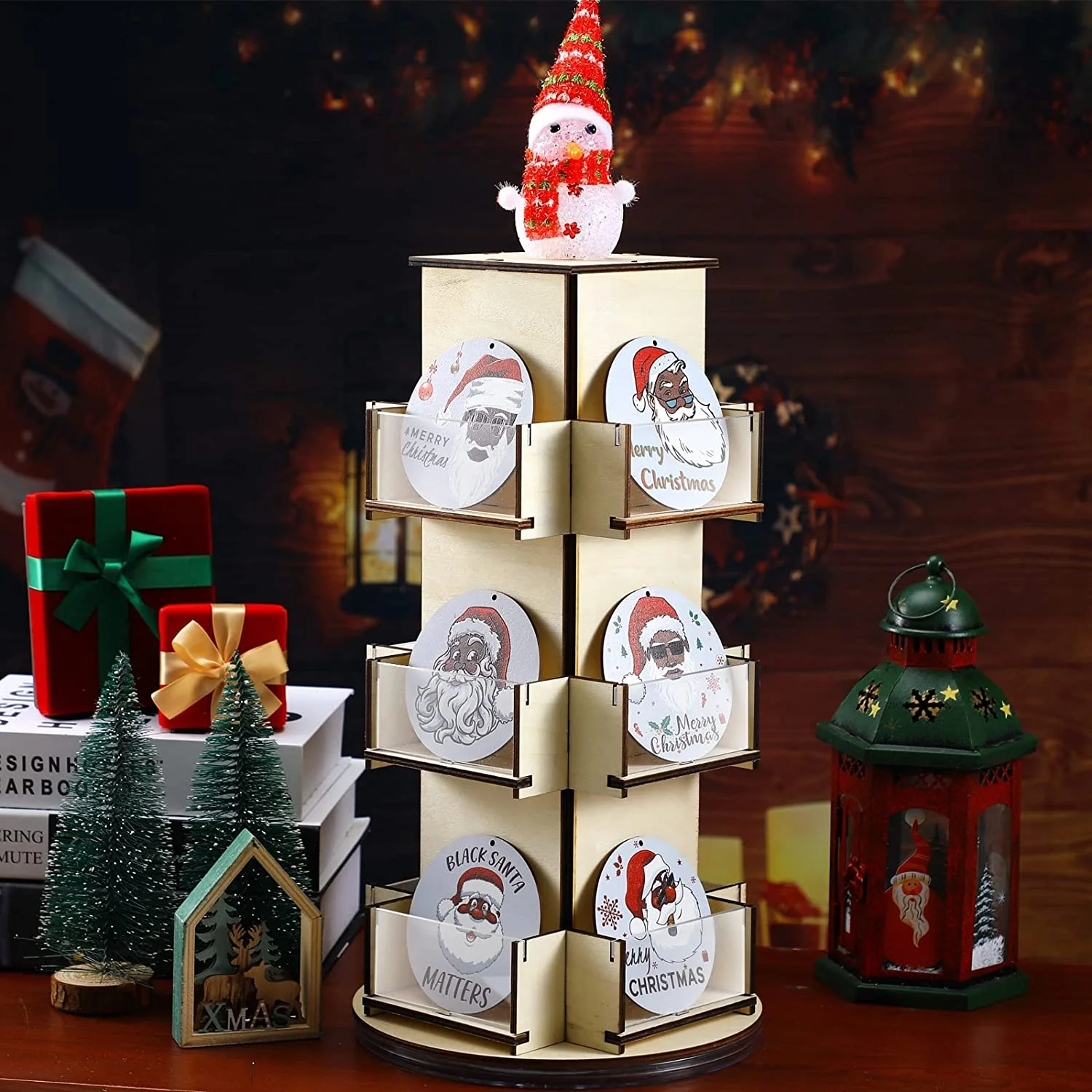 Wooden rotating greeting card display stand for greeting card supplier coffee bag 3-layer desktop display stand