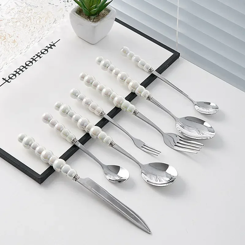 Western Ceramic Pearl Handle Cutlery Set Stainless Steel Spoon And Forks Golden Knives Utensils