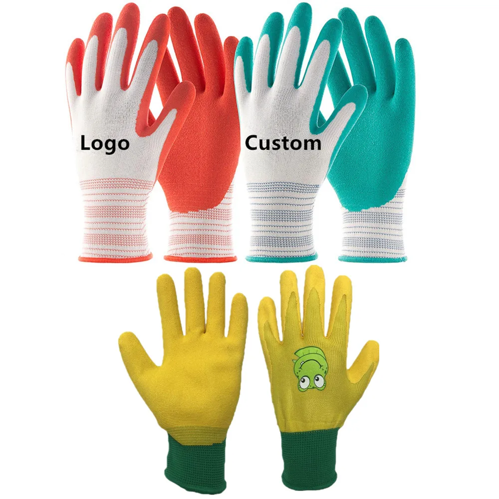 Deliwear custom logo frog print children garden work glove Breathable Foam Rubber Youth Garden Gloves for kids planting