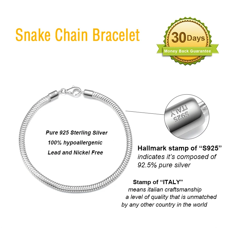 SB100 RINNTIN Solid 925 Sterling Silver Italian 3mm Snake Chain Bracelet for Women Men