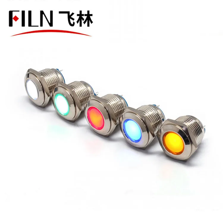 FILN 16mm 220v 24v 12v indicator metal waterproof flat head with pin led emergency lamp yellow red