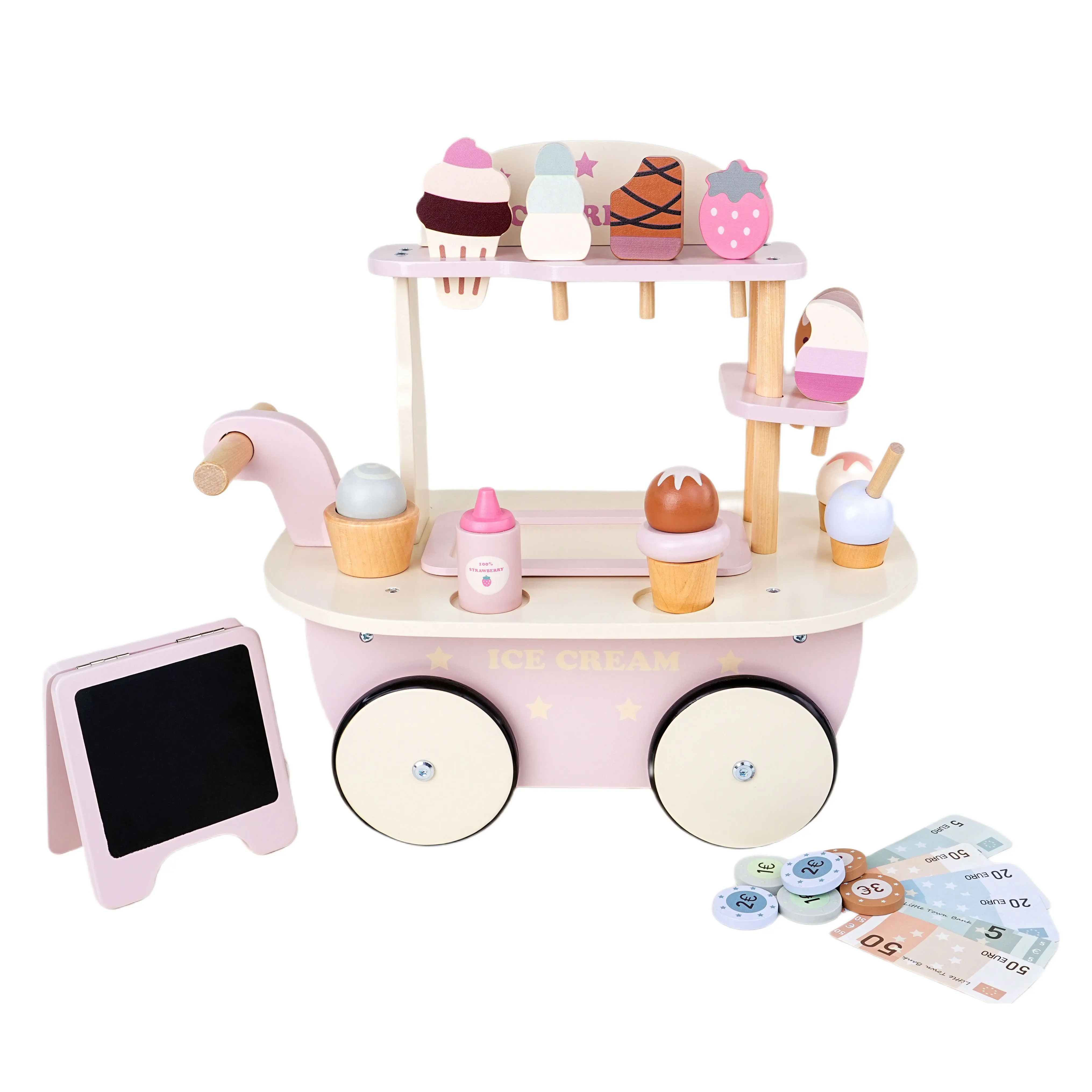 Hot Sale Wooden Pretend Children Play Toy Car Set Montessori Role Playing Car White Peach Ice Cream Truck For Kids Boys Girls