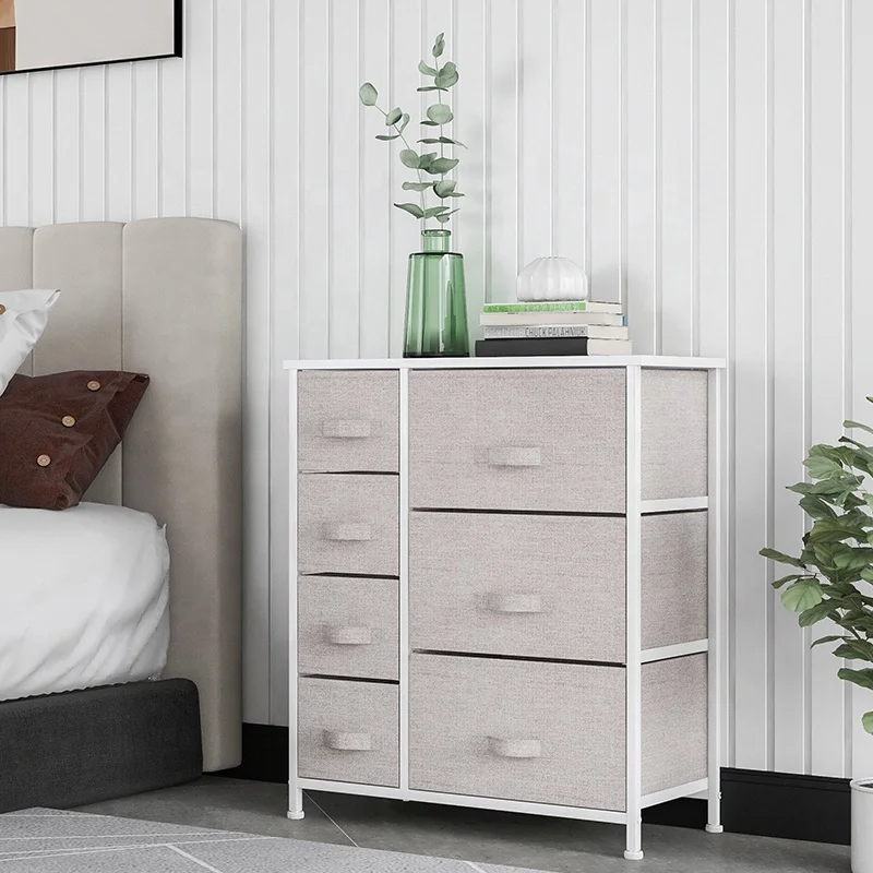 7 Drawer Chest Cabinet For Organize Clothes Easy Pull Wooden Top And Handles Adjustable Plastic Leg Fabric Dresser Drawers Chest