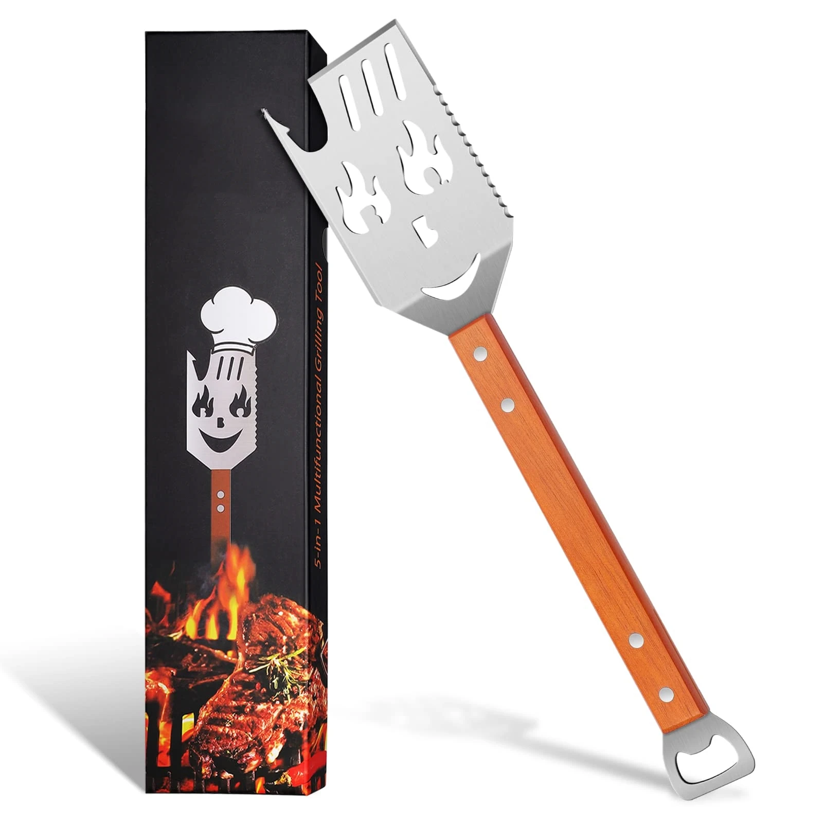 5 In 1 Rubberwood Handle Stainless Steel Opener Knife Fork Shovel Tenderizer Multi-function Grilling BBQ Spatula