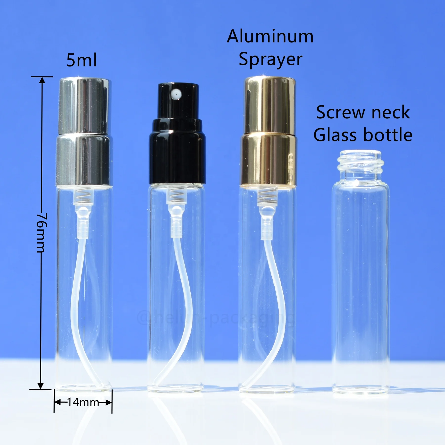 HeLun High Quality Empty 5ml Mini Small Sample Black Gold Silver Aluminum Sprayer lid Decant Glass Spray Perfume Bottle