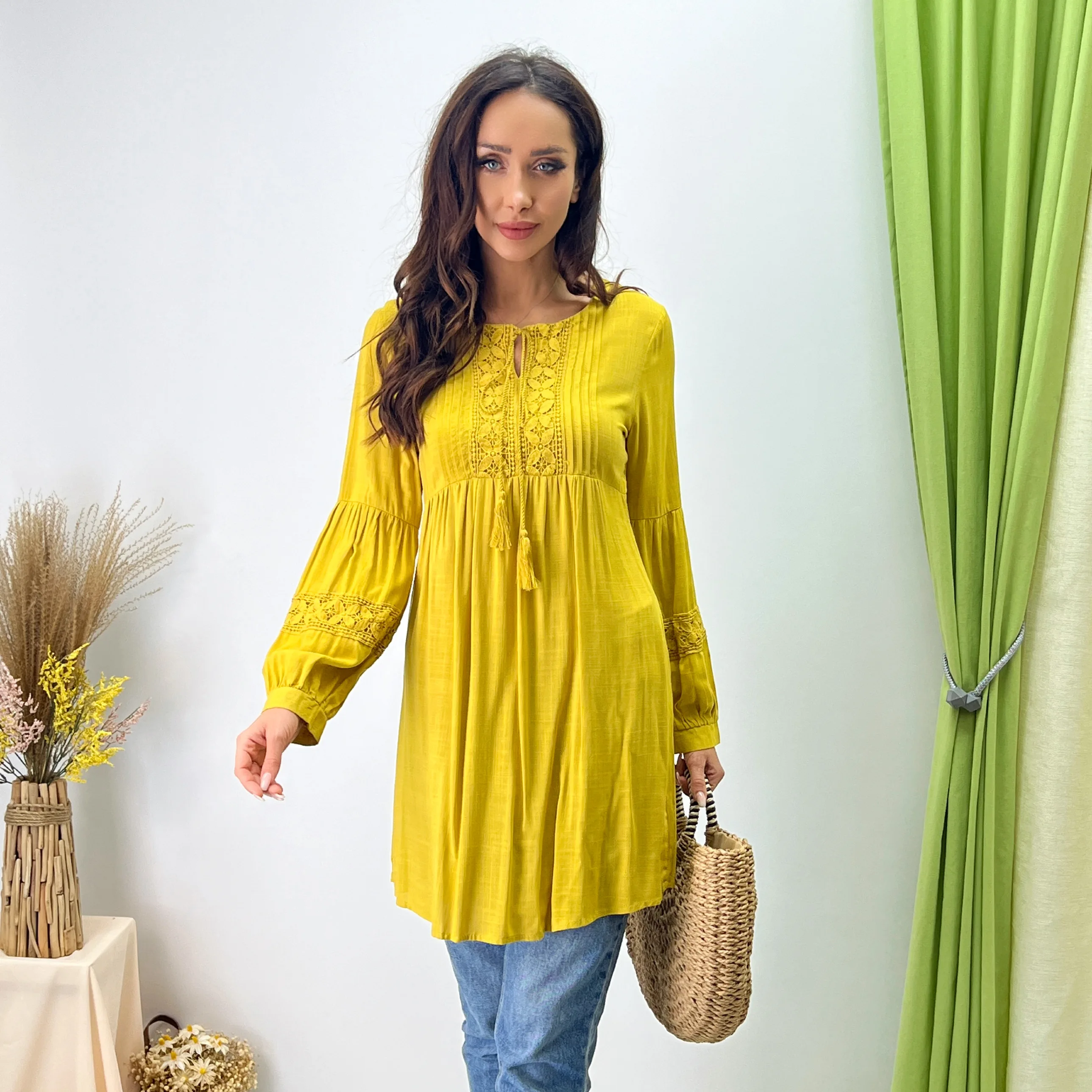 Solid color Cotton mid length skirt round neck lace embroidered fringe autumn elegant lady dress