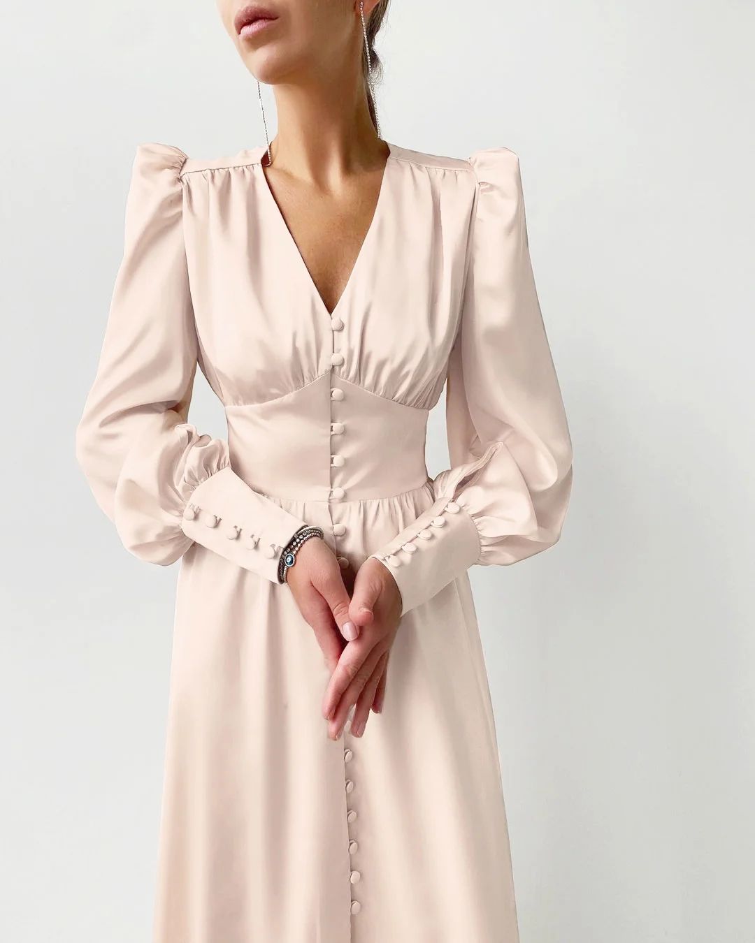 Guangzhou Factory Elegant Bodycon Dress Ladies Women V-Neck Party Pleated Dresses Puff Sleeve Spring Satin Long Dress