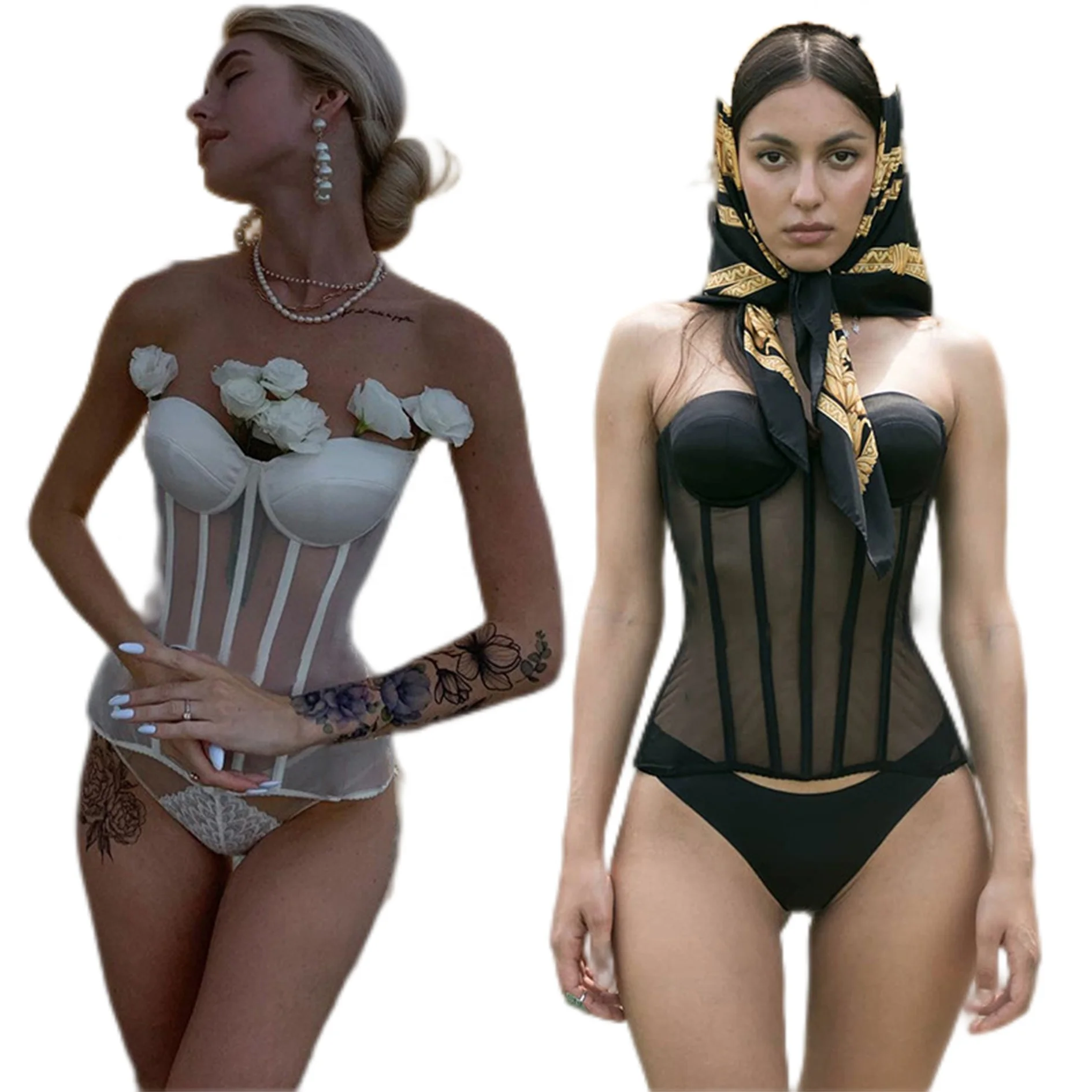 Solid Fashion Bride Wedding Sexy Tight Nude Clothing Slim Stripe Patchwork Lace Up Inside Ladies Bra Mesh Corset Top Underwear