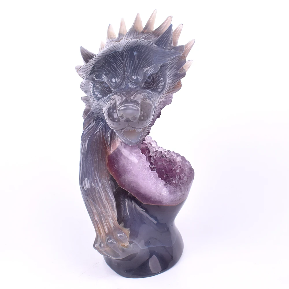 Exquisite Hand Carved Agate Amethyst Geode  Crystal crafts Carved Statue Crystal Wolf SKull Carvings for Garden home decoration