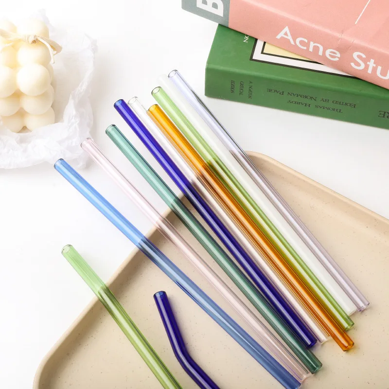 Custom Colorful glass straw gift set juice milk drink milk tea colored glass straight bent straw
