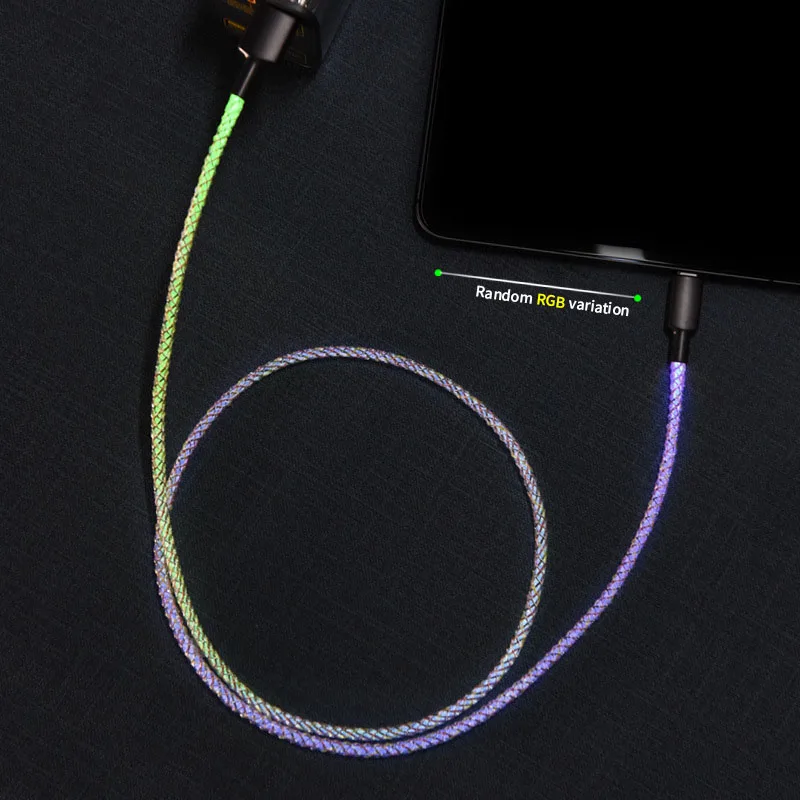 New Rgb 5a Colorful Gradual Ziny Alloy Changing Data Cord Usb Type C Led Light Glow Multicolor Gradient 66w Fast Charge Cable