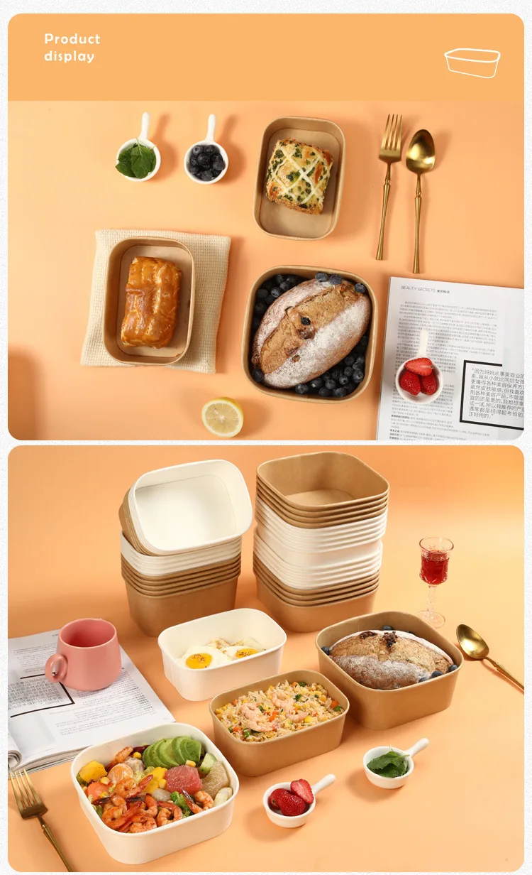 wholesale disposable square paper cup heatable kraft waterproof custom print logo paper salad poke bowl with PE lid