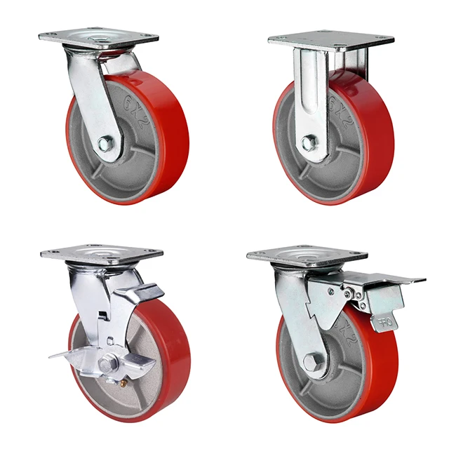 Roller Bearing Very Thick Plate Heavy Duty Cast Iron PU Swivel Caster Dual Brake 3 4 5 6 8 10 Inch Polyurethane Wheel Caster