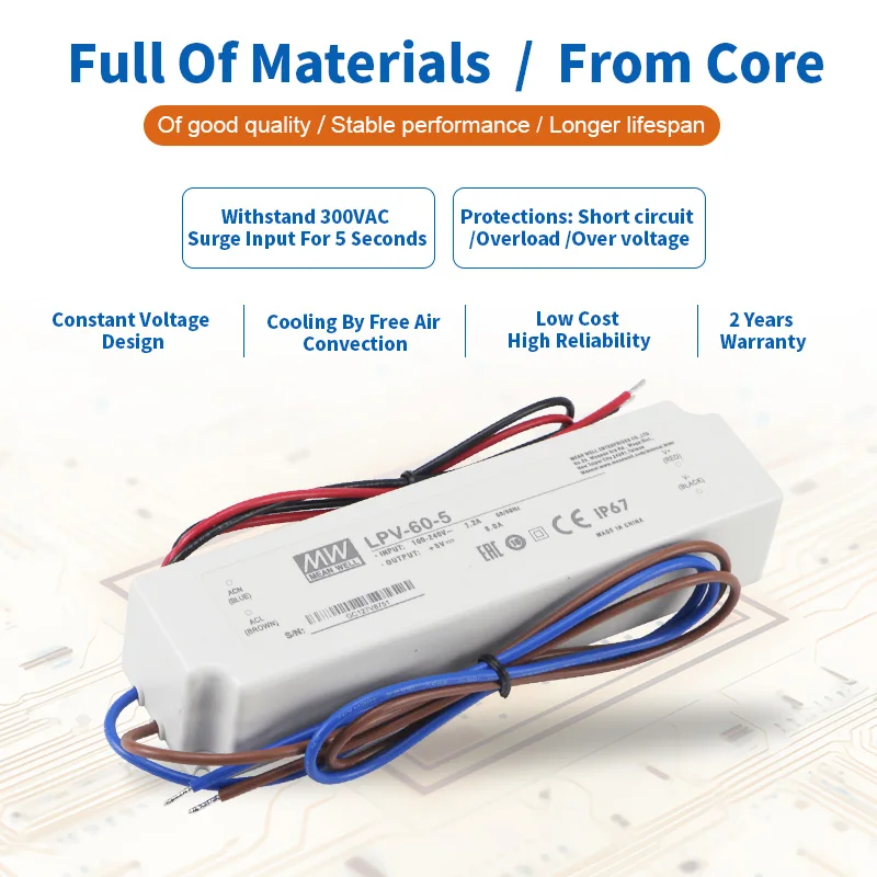 Meanwell LPV 20W 35W 60W 100W 150W 5V 12V 15V 24V 36V 48V AC/DC Single Output Waterproof IP67 Constant Voltage LED Driver