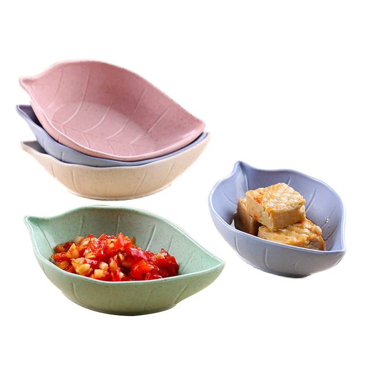 Eco Biodegradable Kitchen Canteen Wheat Straw Soy Leaf Shaped Sauce Salted Seasoning Dish Plates