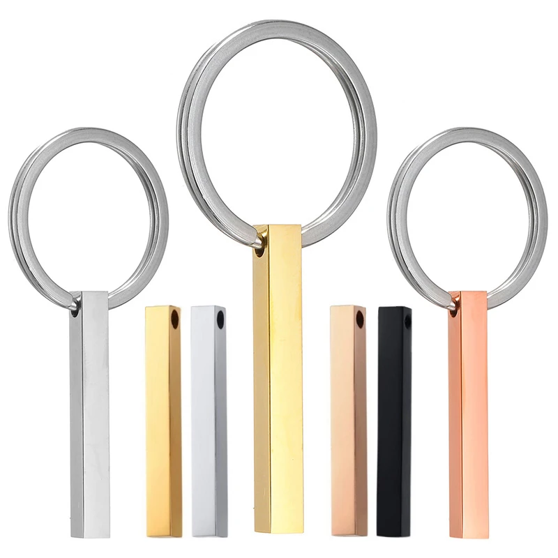 Personalized Stainless Steel 3d Long Bar 4 Sides Vertical Keychain Can Engrave Name Rectangle Pendant Keychains For Gift Jewelry