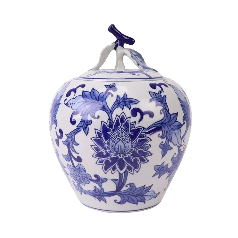 RXAE03-A Blue and White Leaf and flower pattern Apple shape ceramic pot jar with lid