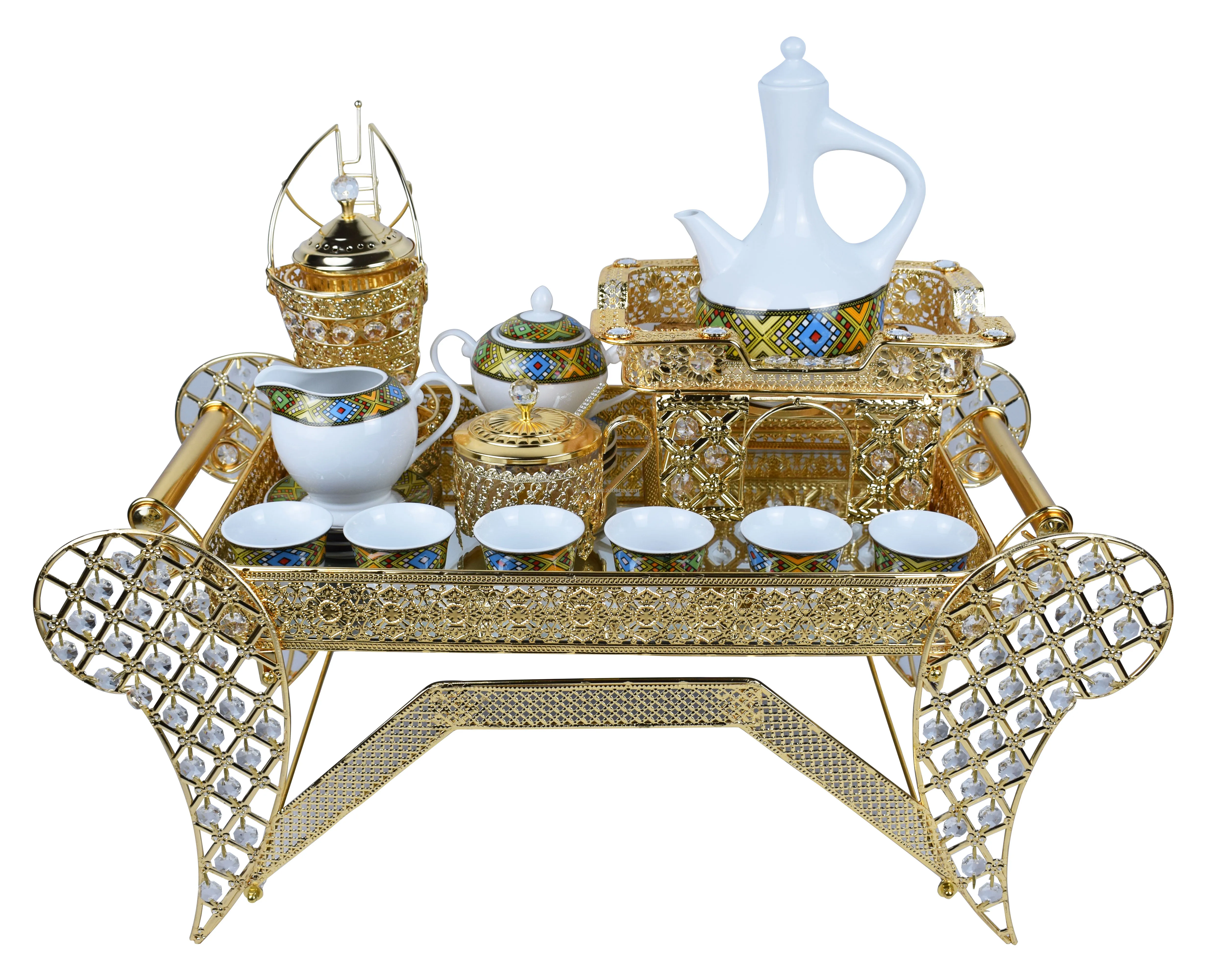 habesha low price silver plated metal ethiopian coffee rekebot tray set with porcelain tea coffee set for sale