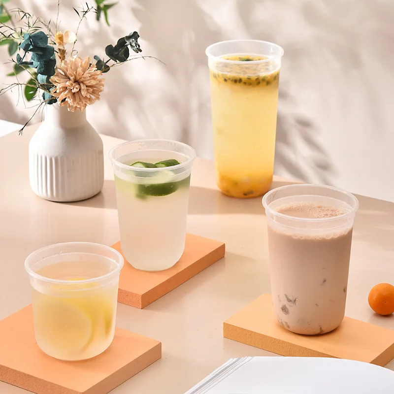 Reused U type clear bubble tea cups round bottom custom disposable cups for milk tea and smoothies with lid and straw